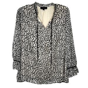 Lane Bryant Black Cream Print Crinkle Texture Tie Neck Long Sleeve Lined Blouse